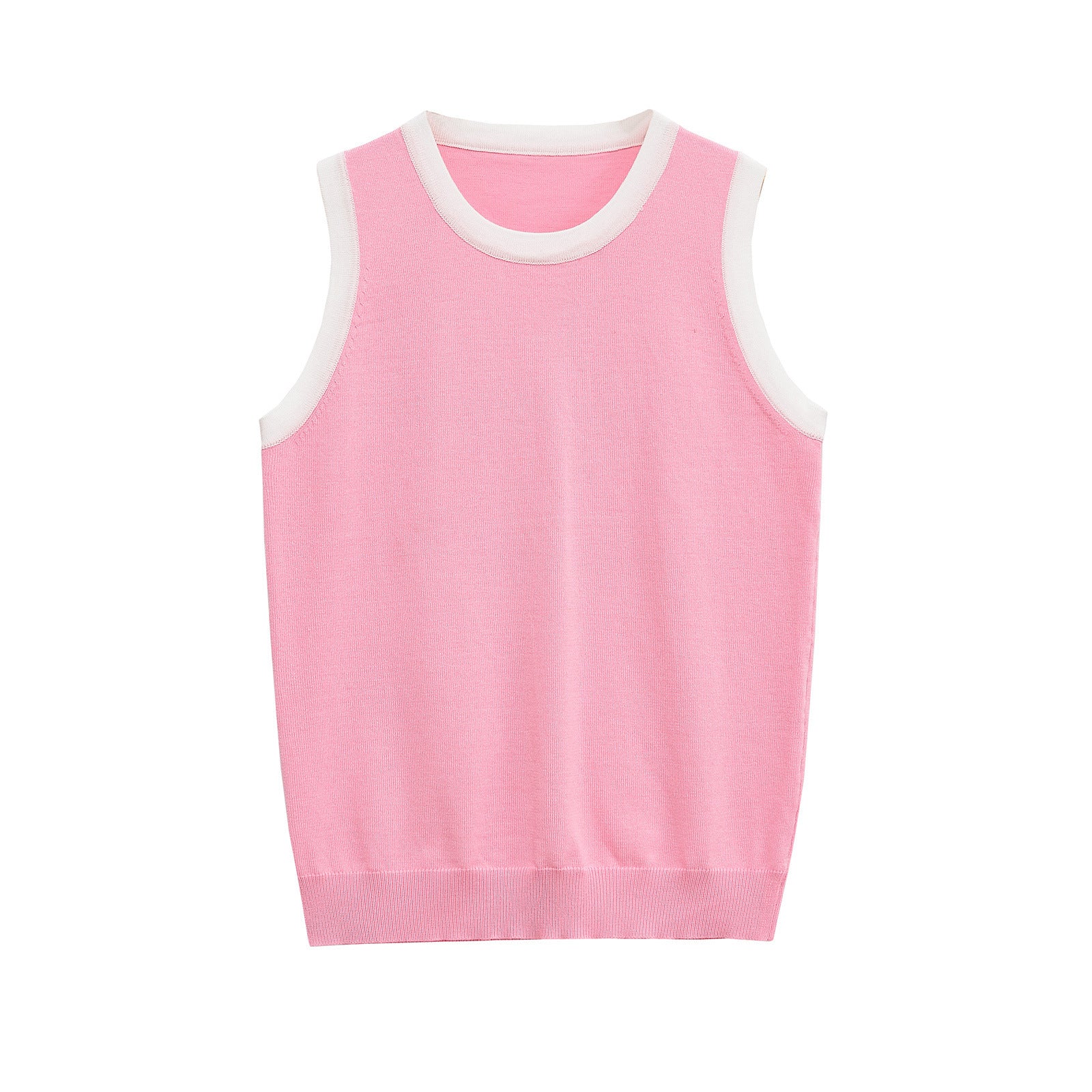 Striped contrasting round neck sleeveless knitted T-shirt top for women