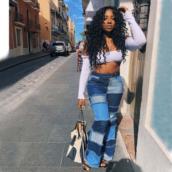 European and American autumn new fashion color blocking patchwork high waist tight hip horn women's denim pants