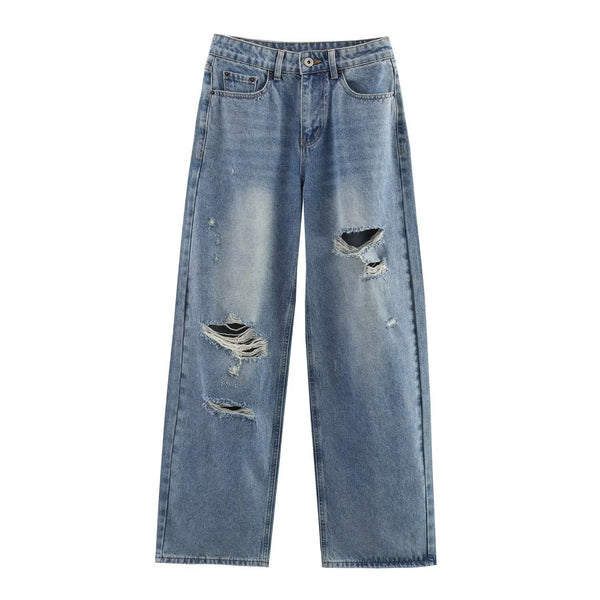 Ripped loose mid rise jeans for women