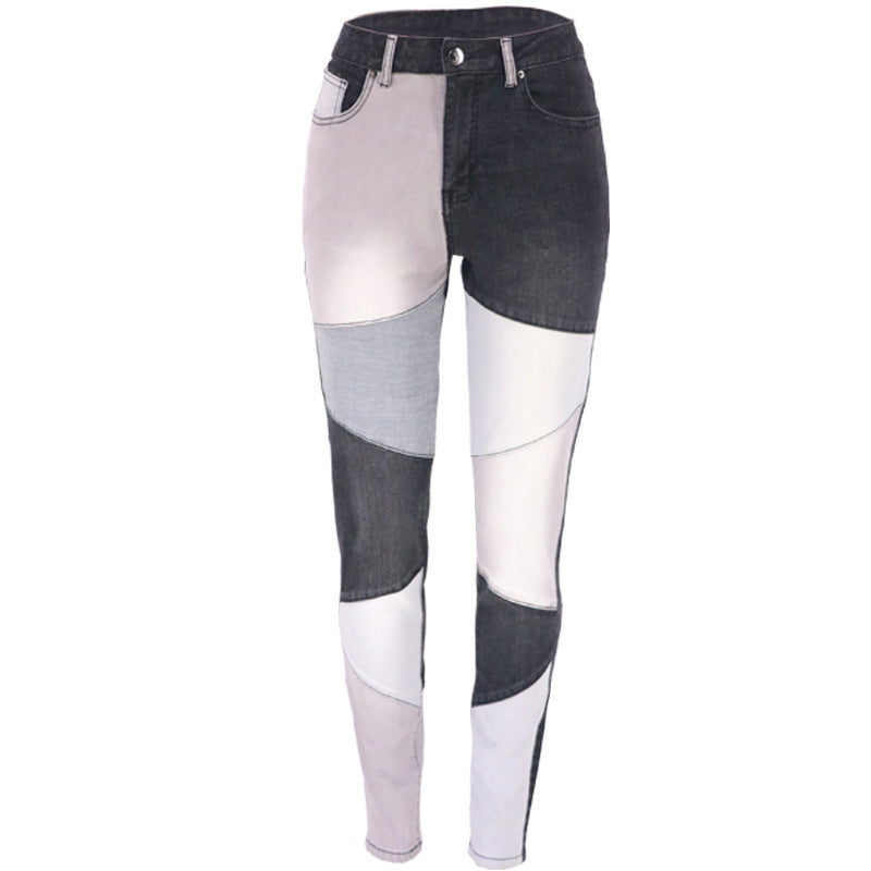 Autumn new blue and black two-color splicing trendy cotton washed denim high waisted plus size women's clothing