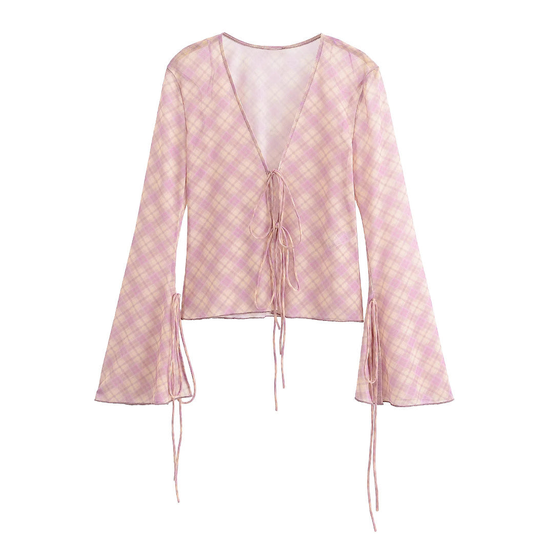 V-neck semi transparent top+silk mesh skirt set for women
