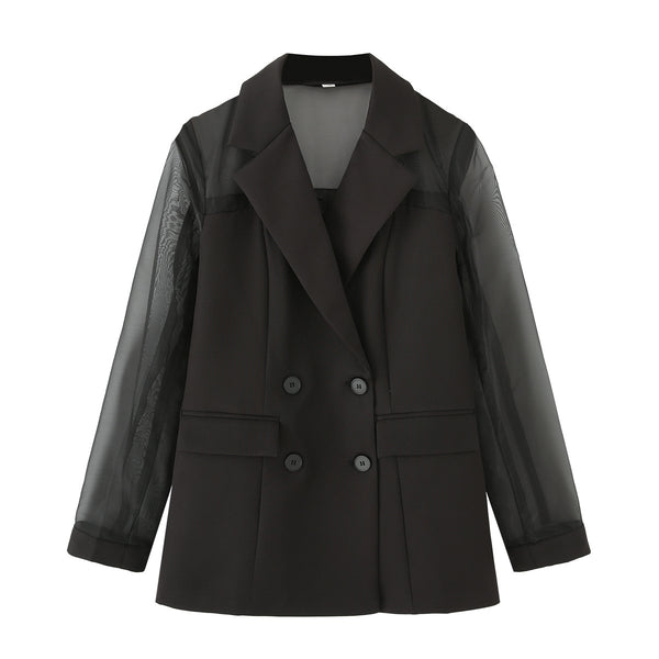 Collar long sleeved patchwork soft yarn suit jacket for women