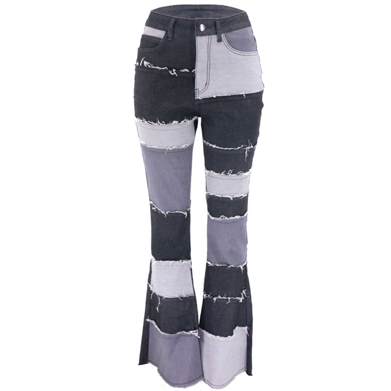 European and American autumn new fashion color blocking patchwork high waist tight hip horn women's denim pants