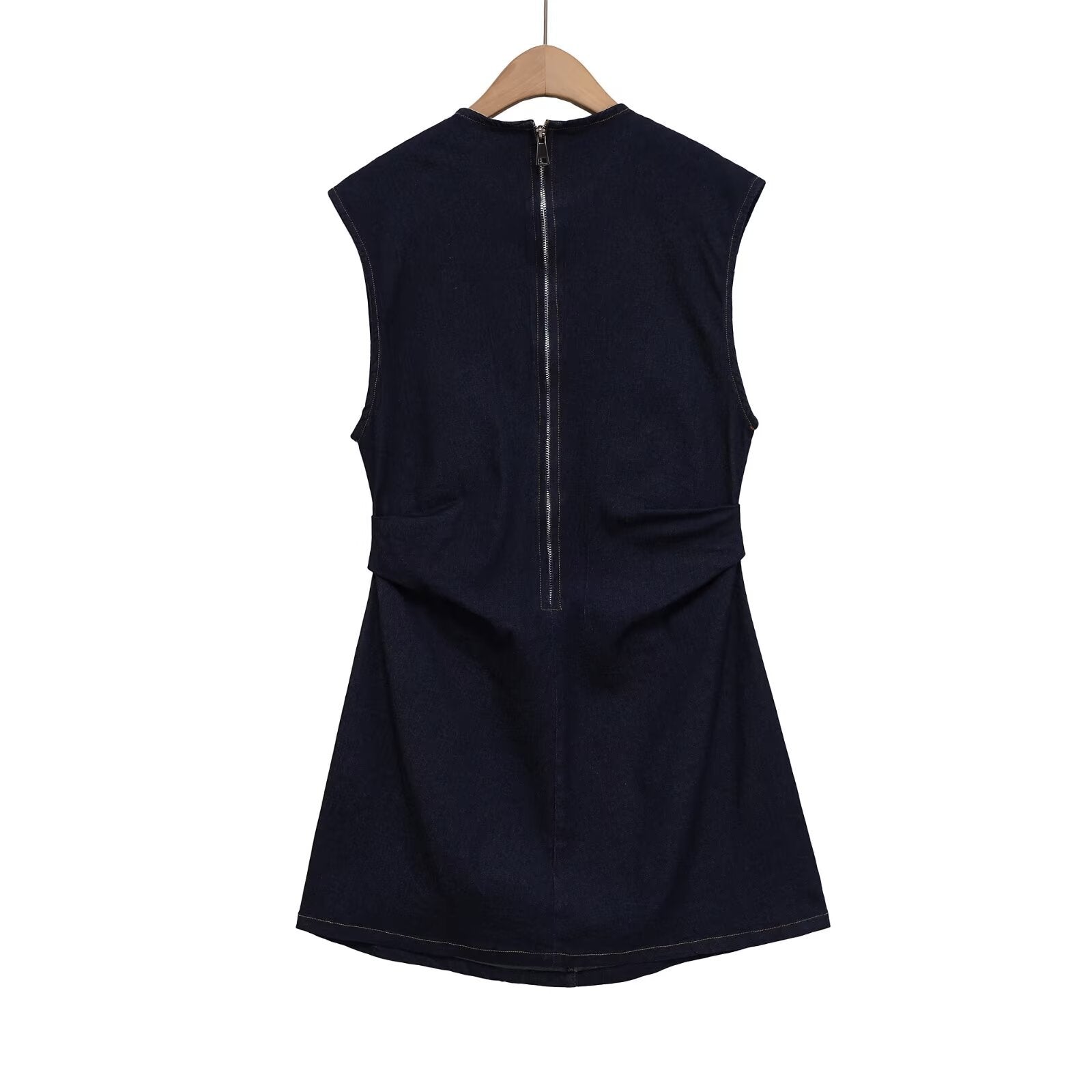 Round neck sleeveless waist cinched pleated short dress for women