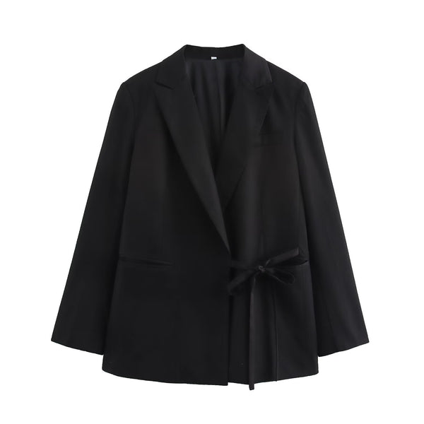 Fashionable wrap up tie up long sleeved suit jacket top