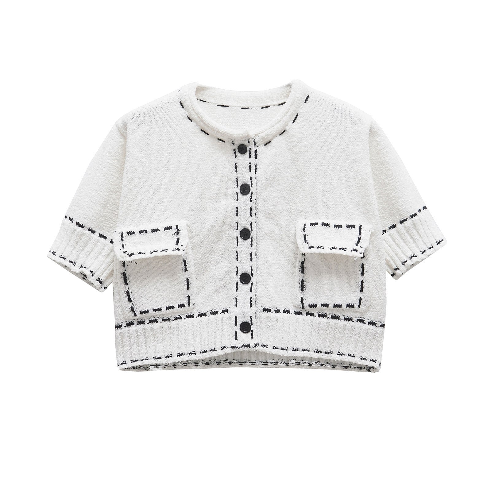 Fashion stitching short sleeved knitted jacket for women