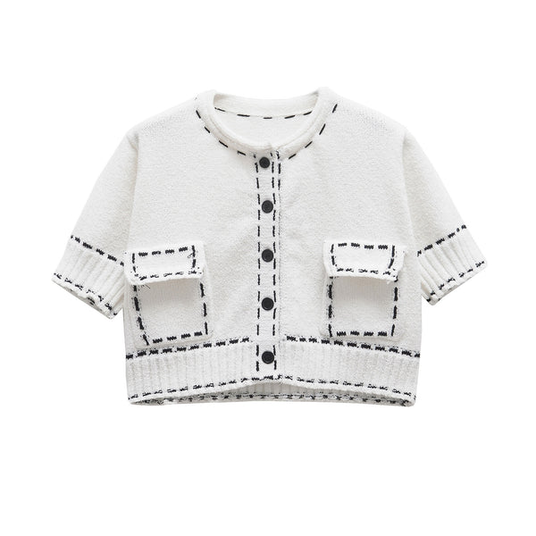 Fashion stitching short sleeved knitted jacket for women