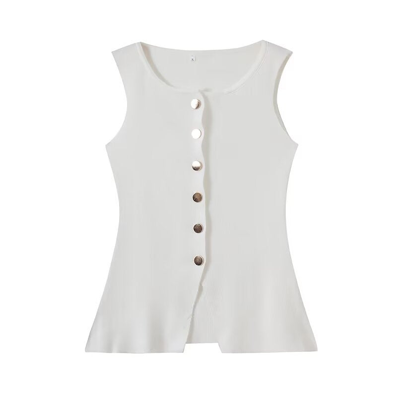 Round neck sleeveless button up knitted vest for women