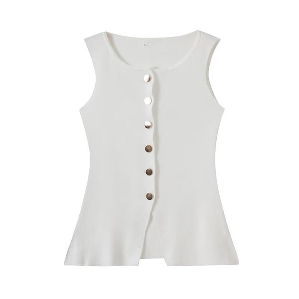 Round neck sleeveless button up knitted vest for women