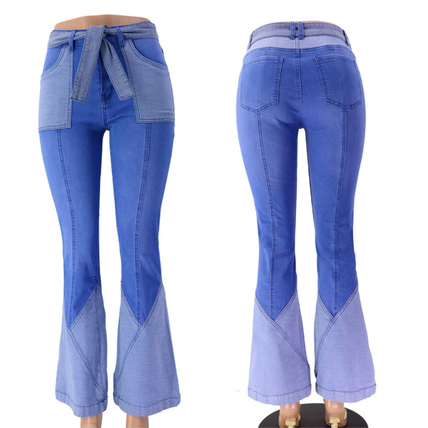 Retro high waisted two-color spliced waistband, high-quality European and American women's denim flared pants