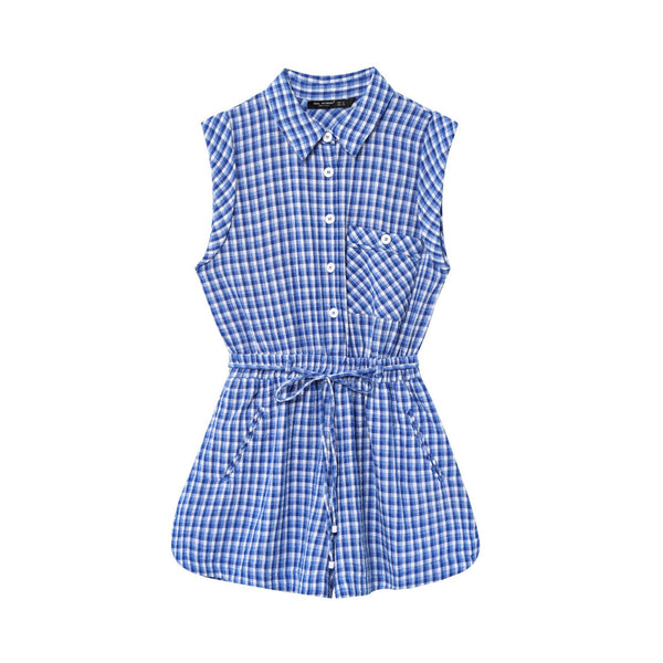 Plaid lapel sleeveless waist cinching lace up dress for women