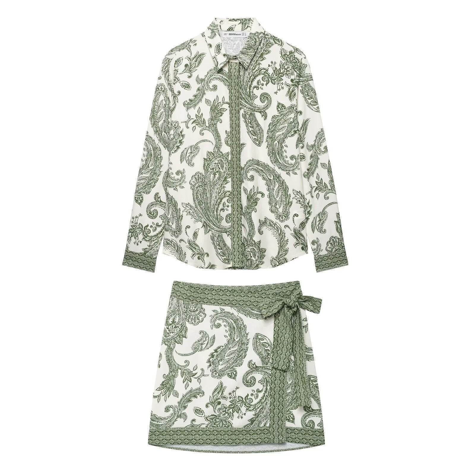 Printed shirt top+printed skirt set