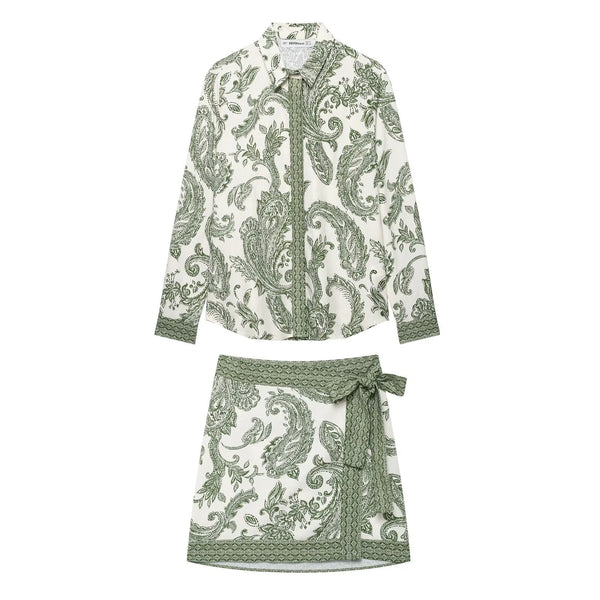 Printed shirt top+printed skirt set