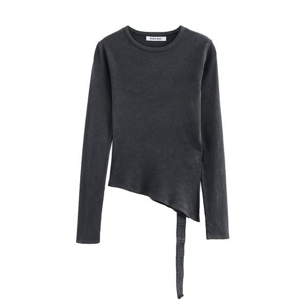 Round neck long sleeved shirt with waist belt and open T-shirt top for women