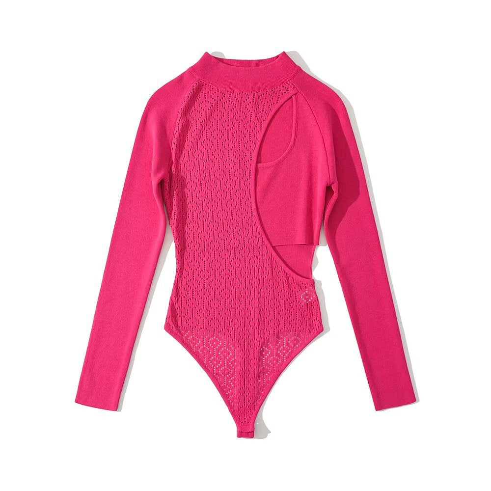 Round neck long sleeved two side hollow knitted jumpsuit/pants for women