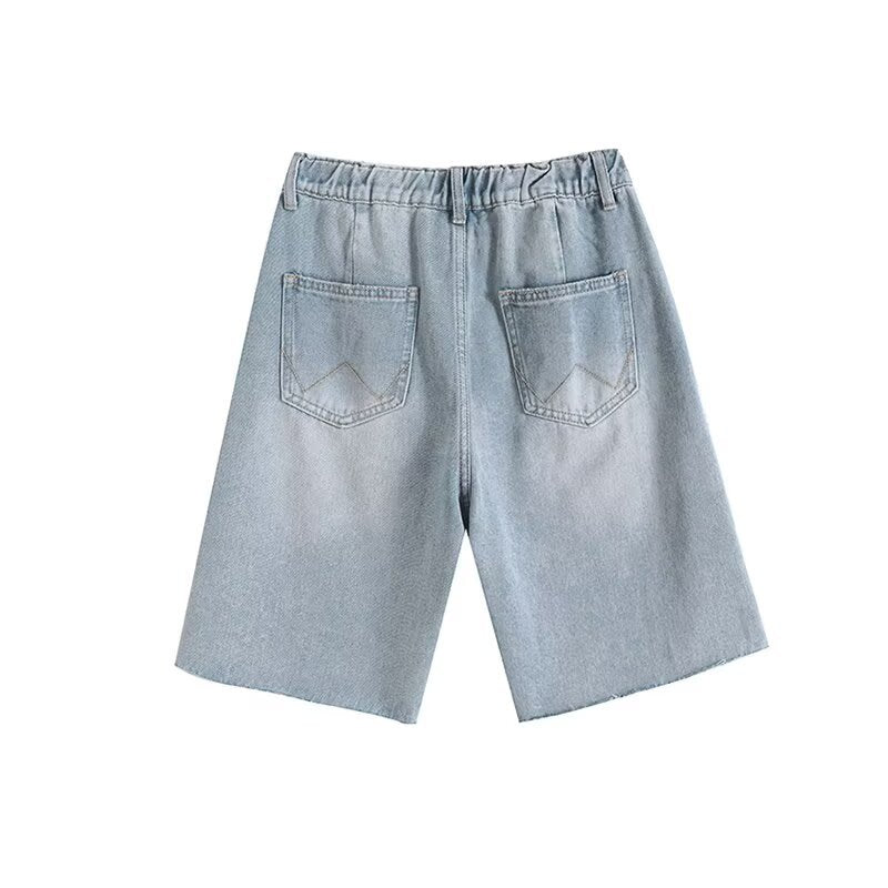 Elastic waist with frayed edges loose denim straight leg shorts for women
