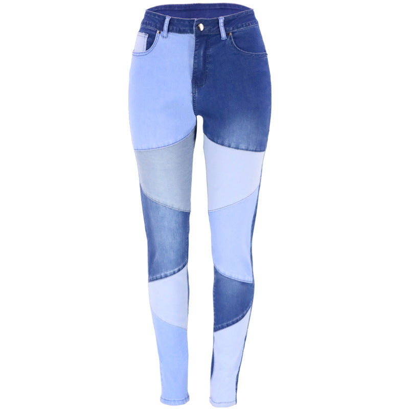 Autumn new blue and black two-color splicing trendy cotton washed denim high waisted plus size women's clothing