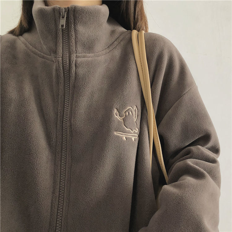 Double sided fleece jacket for women autumn and winter semi high neck zipper cardigan hoodie for women