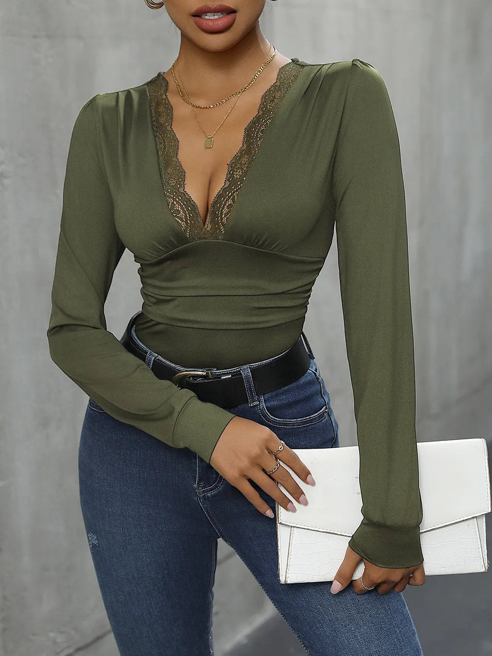 Lace patchwork long sleeved solid color jumpsuit
