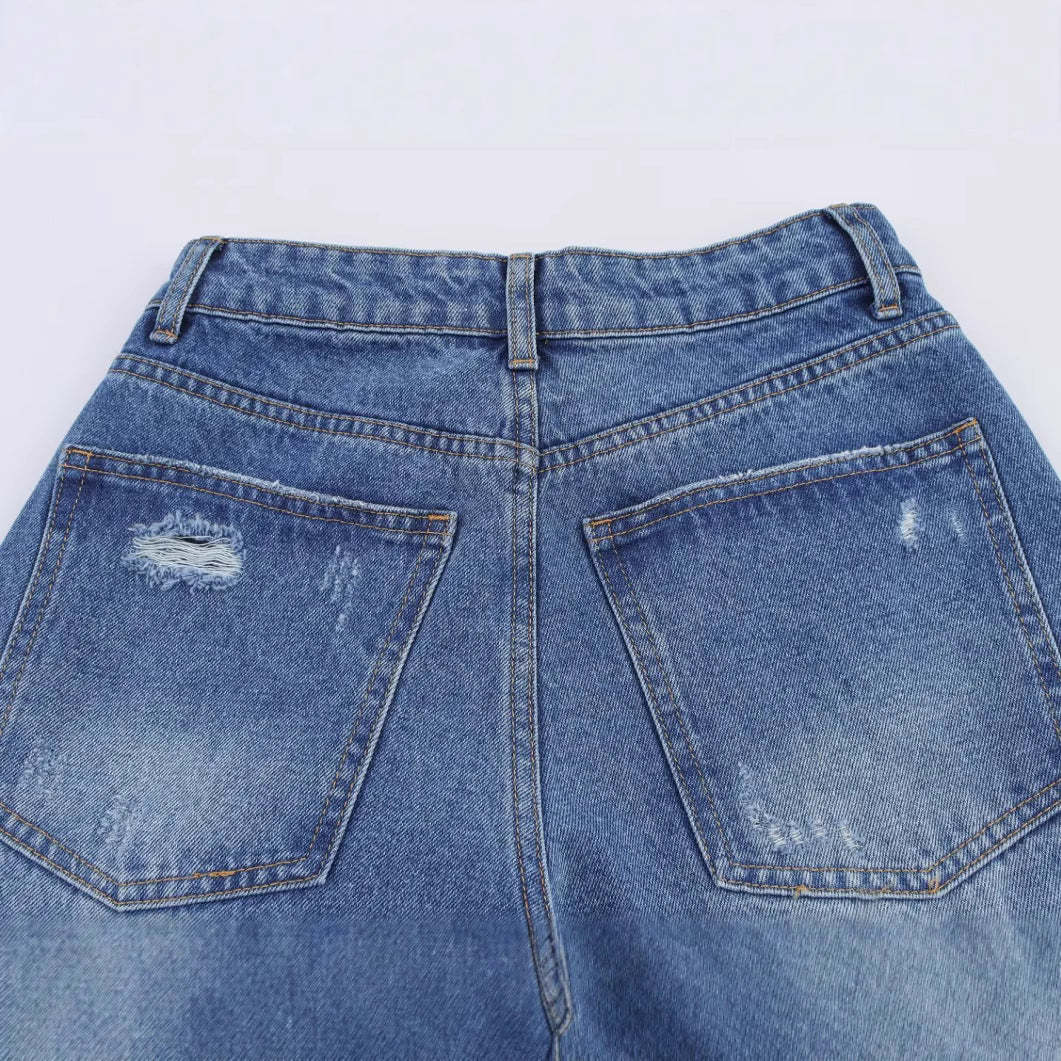 Versatile hole decoration wide leg jeans for women