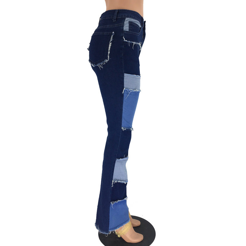 European and American autumn new fashion color blocking patchwork high waist tight hip horn women's denim pants