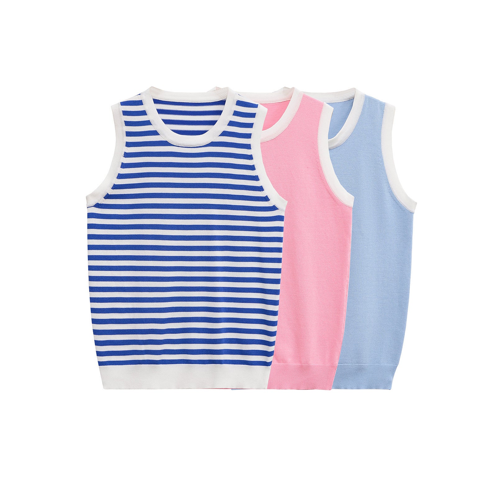 Striped contrasting round neck sleeveless knitted T-shirt top for women