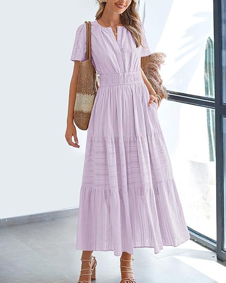 V-neck pleated bubble sleeves large swing short sleeved dress