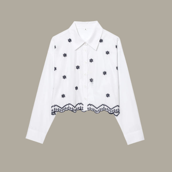 Embroidered collar long sleeved shirt top for women