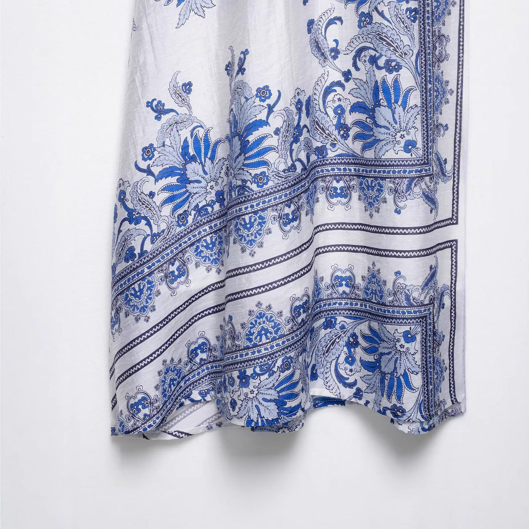 Elastic waisted printed mid length skirt for women