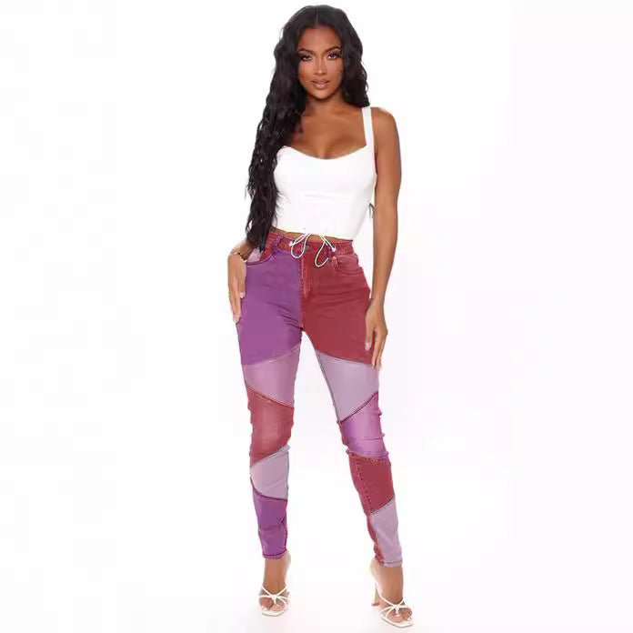 Autumn new blue and black two-color splicing trendy cotton washed denim high waisted plus size women's clothing