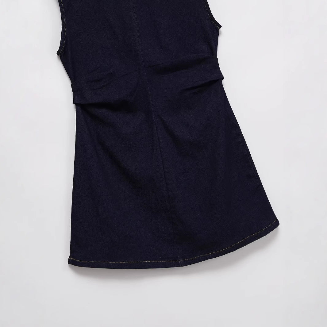 Round neck sleeveless waist cinched pleated short dress for women