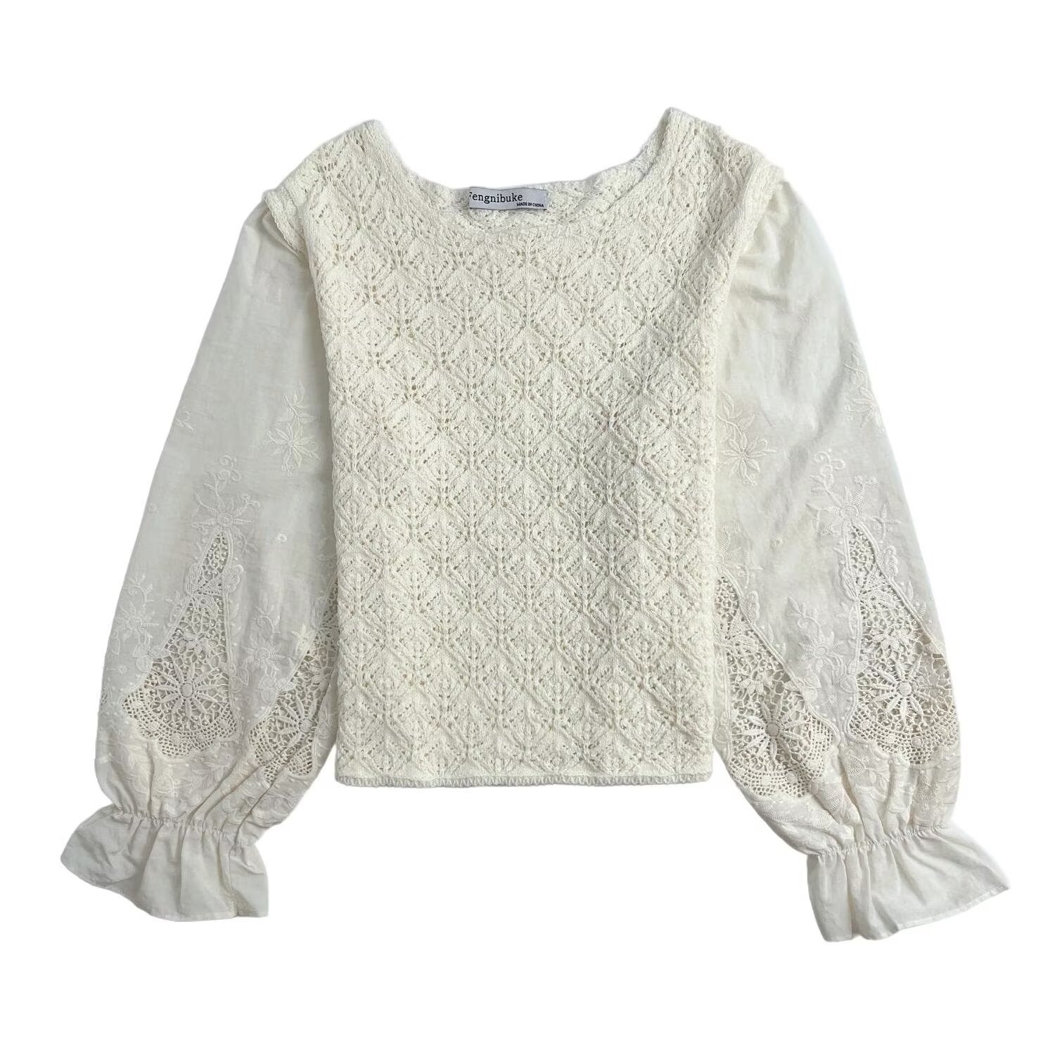 Round neck lantern sleeves hollowed out embroidered knitted sweater jacket for women