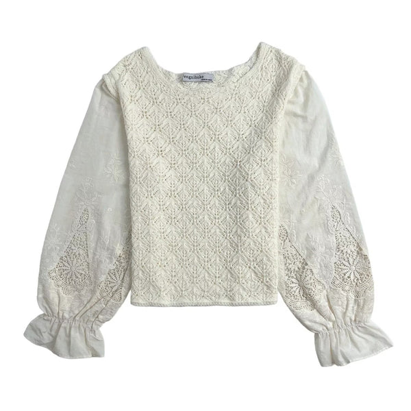 Round neck lantern sleeves hollowed out embroidered knitted sweater jacket for women