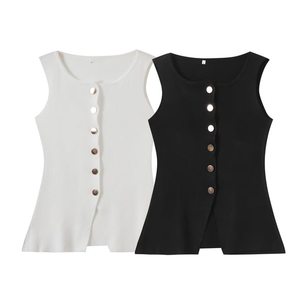 Round neck sleeveless button up knitted vest for women