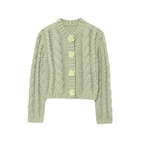 Flower button embellished knitted sweater jacket for women