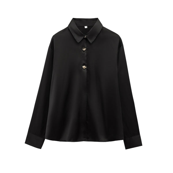 Collar long sleeved gold breasted silk satin textured shirt top for women