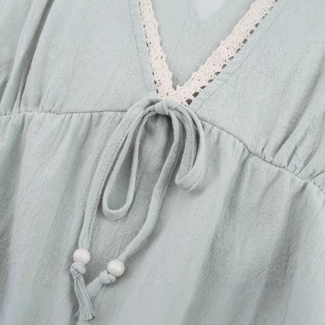 V-neck lantern sleeves embroidered lace up shirt top for women
