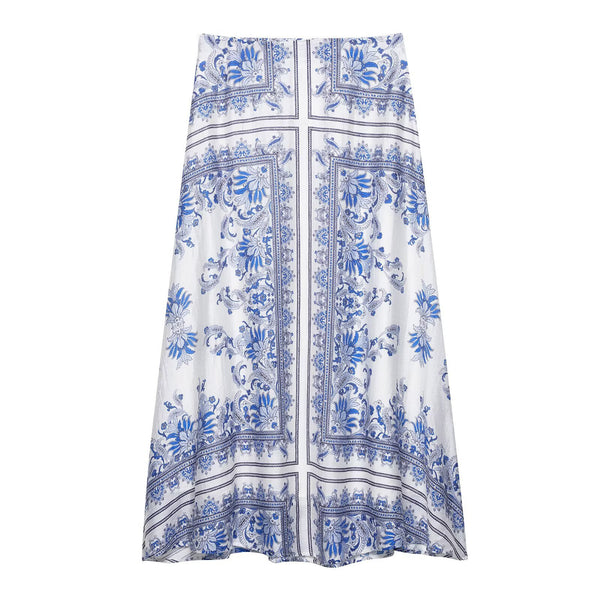 Elastic waisted printed mid length skirt for women