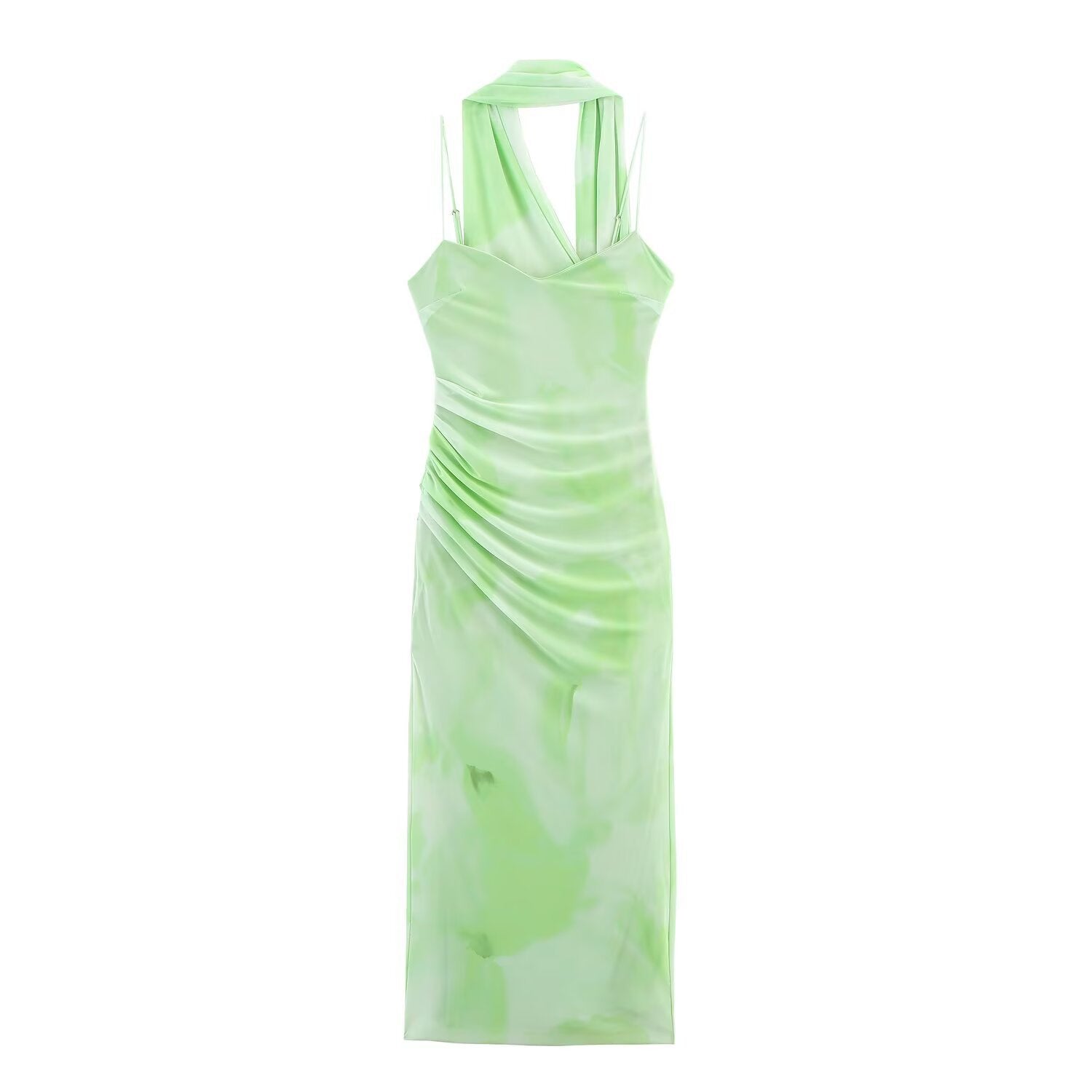 Silk mesh scarf with pleats waist cinching and neck hanging dress