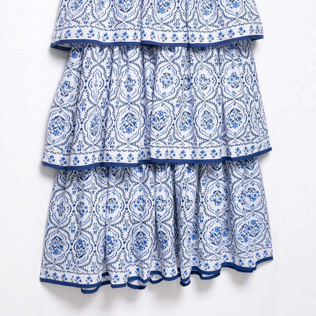 Round neck sleeveless ruffle print cake dress for women