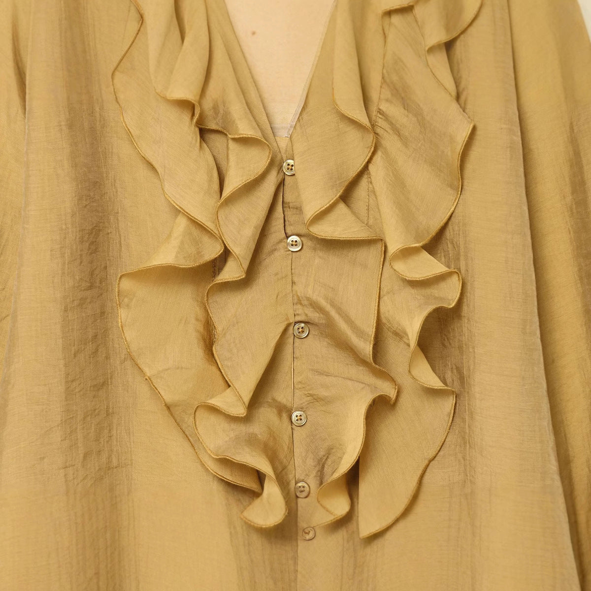 Stacked decorative long sleeved V-neck shirt top for women
