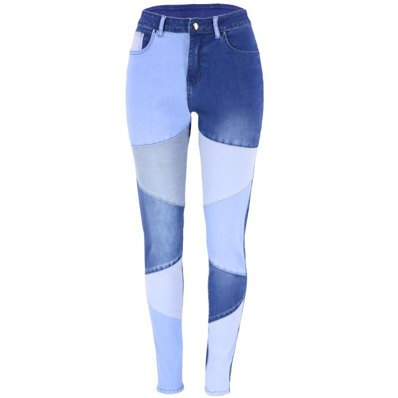 Autumn new blue and black two-color splicing trendy cotton washed denim high waisted plus size women's clothing