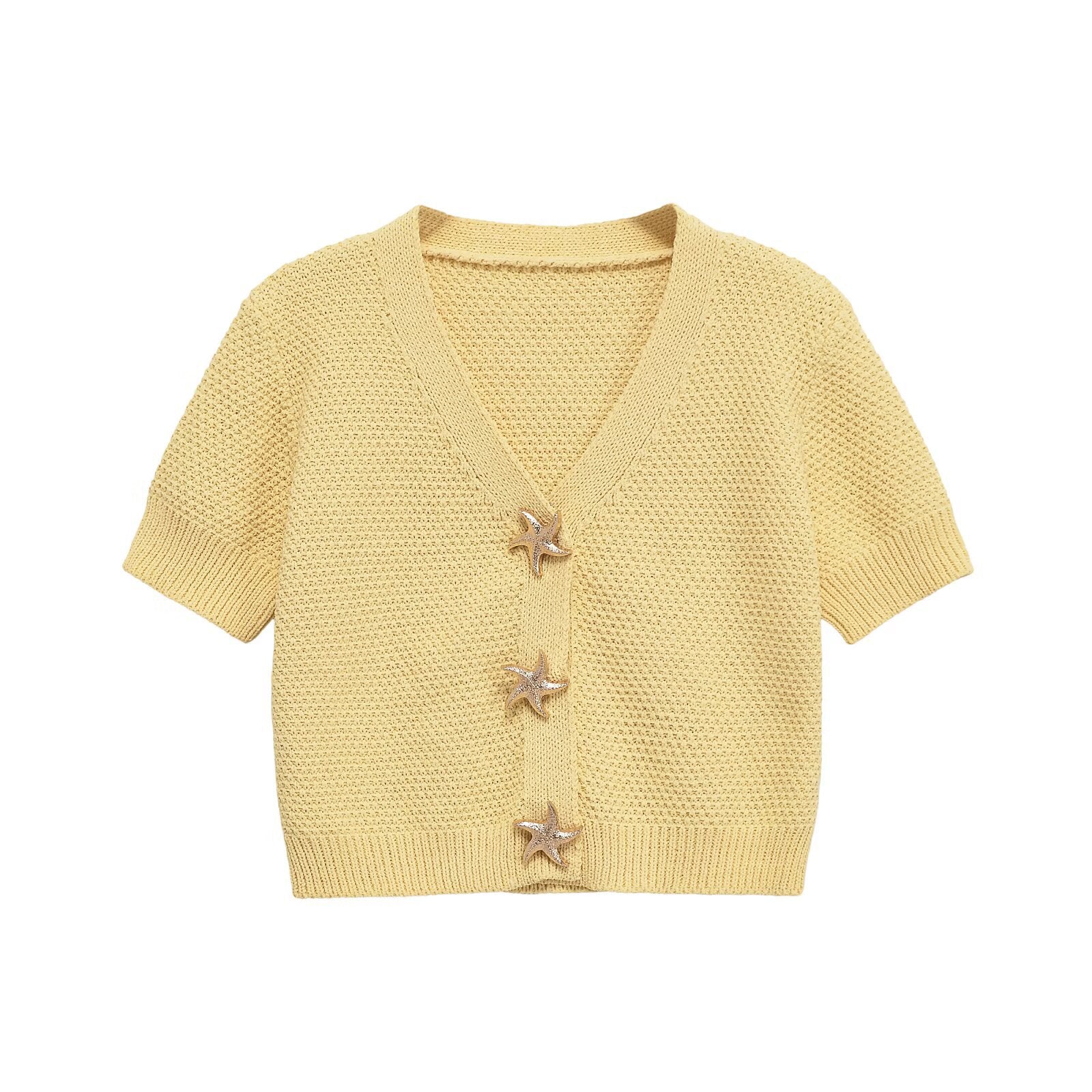Deep V-neck star shaped button knit T-shirt top for women