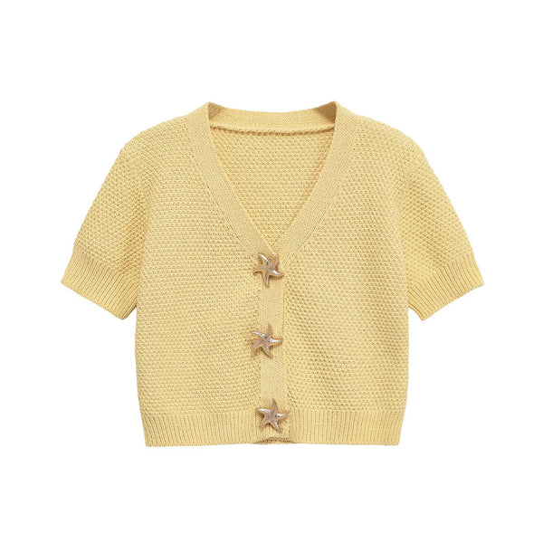 Deep V-neck star shaped button knit T-shirt top for women
