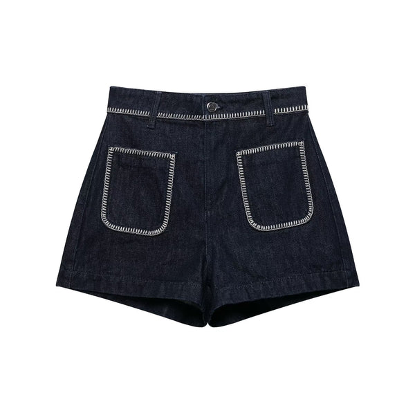 Embroidered denim shorts with bright thread for women