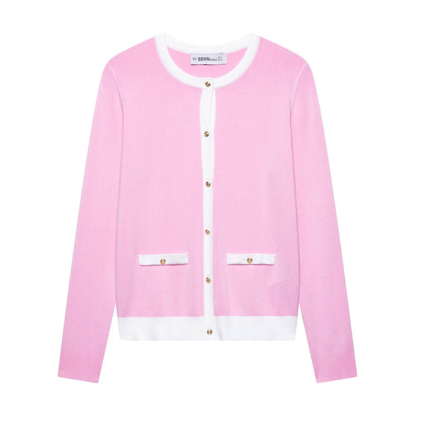 Color blocking pocket decoration single breasted knitted jacket for women