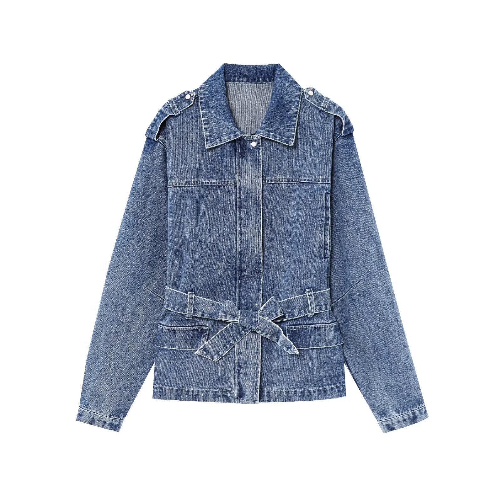 Waist tied long sleeved denim jacket top for women