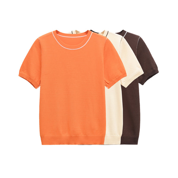 Round neck short sleeved border knit T-shirt top for women