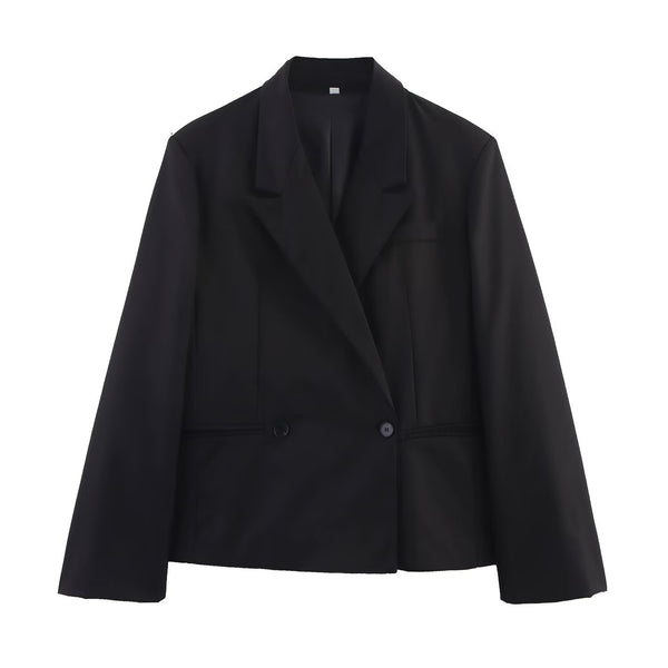 Fashionable double breasted lapel long sleeved suit jacket for women