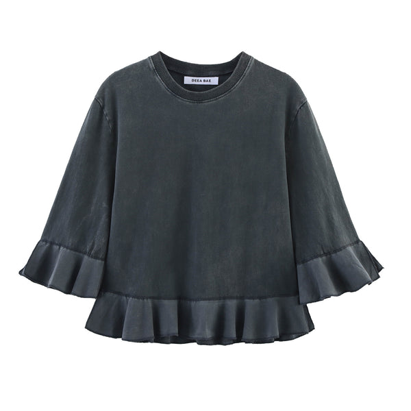 Round neck patchwork lace decoration loose T-shirt top for women